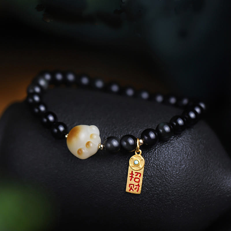 Bracelet porte-bonheur et de purification en obsidienne noire, motif patte de chat, graine de Bodhi