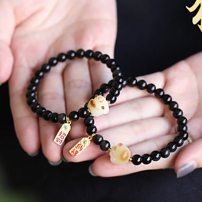 Bracelet porte-bonheur et de purification en obsidienne noire, motif patte de chat, graine de Bodhi