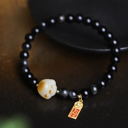 Bracelet porte-bonheur et de purification en obsidienne noire, motif patte de chat, graine de Bodhi