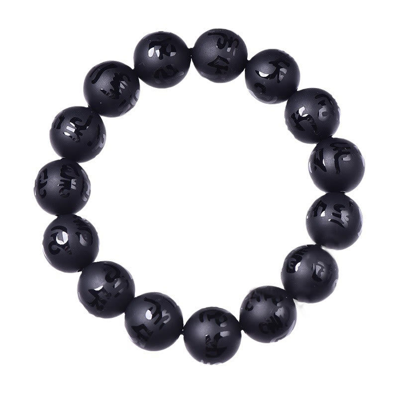 Bracelet de protection sculpté en onyx noir naturel avec pierres de Bouddha Om Mani Padme Hum