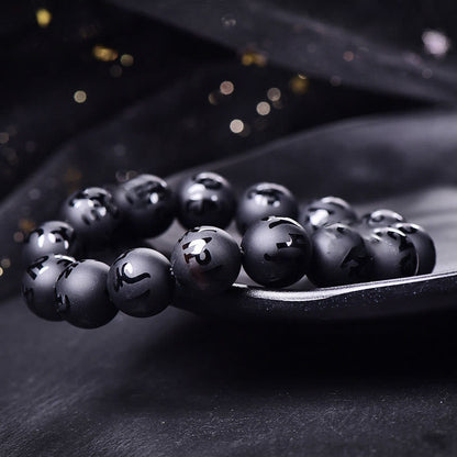 Bracelet de protection sculpté en onyx noir naturel avec pierres de Bouddha Om Mani Padme Hum