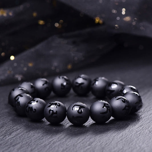 Bracelet de protection sculpté en onyx noir naturel avec pierres de Bouddha Om Mani Padme Hum