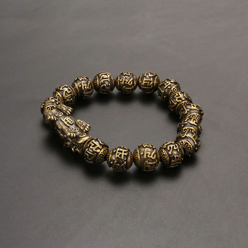 Buddha Stones Pi Xiu Carrying Fu Character Six True Words 'om Mani Padme Hum' Copper Beads Wealth Bracelet Bangle