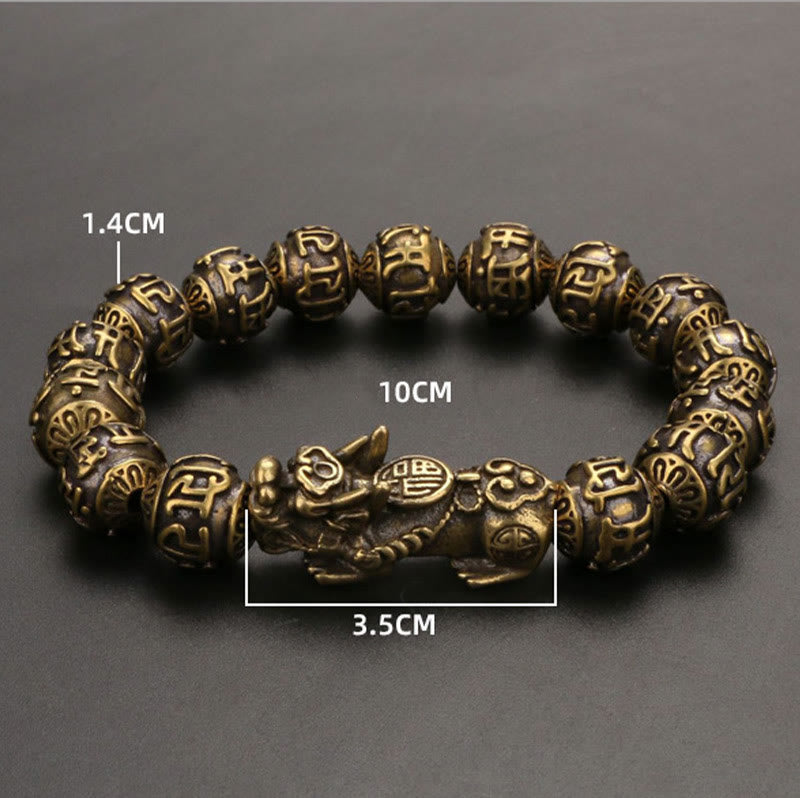 Buddha Stones Pi Xiu Carrying Fu Character Six True Words 'om Mani Padme Hum' Copper Beads Wealth Bracelet Bangle