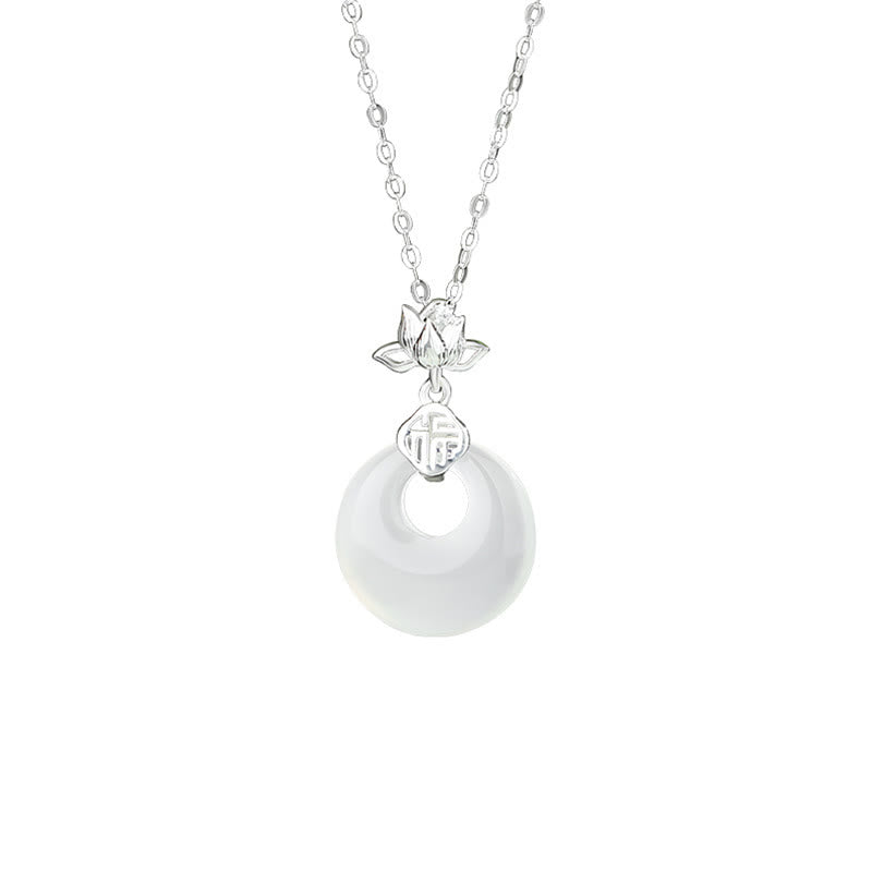 Collier avec pendentif en argent sterling 925 et pierre de Bouddha, calcédoine, fleur de lotus, caractère Fu, boucle de paix, positif