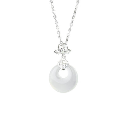 Collier avec pendentif en argent sterling 925 et pierre de Bouddha, calcédoine, fleur de lotus, caractère Fu, boucle de paix, positif