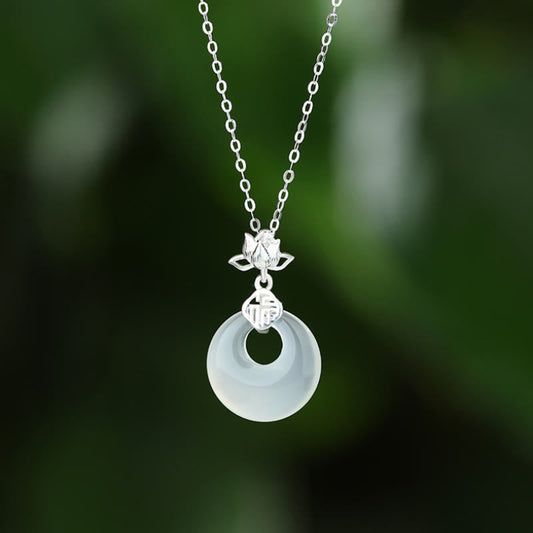 Collier avec pendentif en argent sterling 925 et pierre de Bouddha, calcédoine, fleur de lotus, caractère Fu, boucle de paix, positif