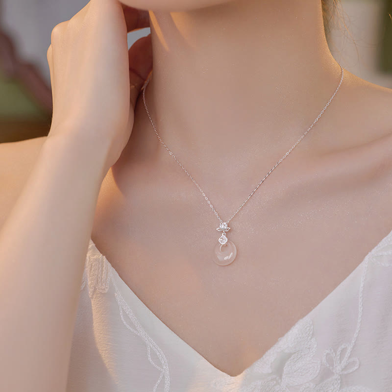 Collier avec pendentif en argent sterling 925 et pierre de Bouddha, calcédoine, fleur de lotus, caractère Fu, boucle de paix, positif