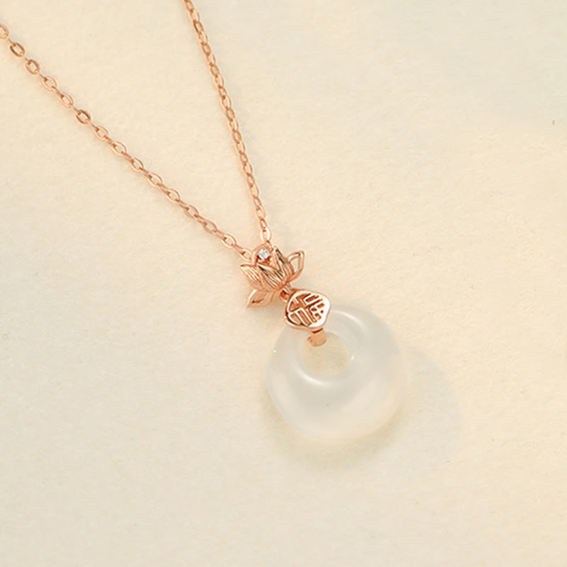 Collier avec pendentif en argent sterling 925 et pierre de Bouddha, calcédoine, fleur de lotus, caractère Fu, boucle de paix, positif