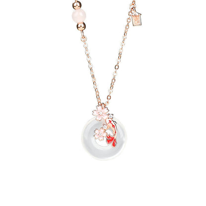 Collier avec pendentif en argent sterling 925, pierre de Bouddha, calcédoine, cristal rose, fleurs, poisson koï, boucle de paix, positif