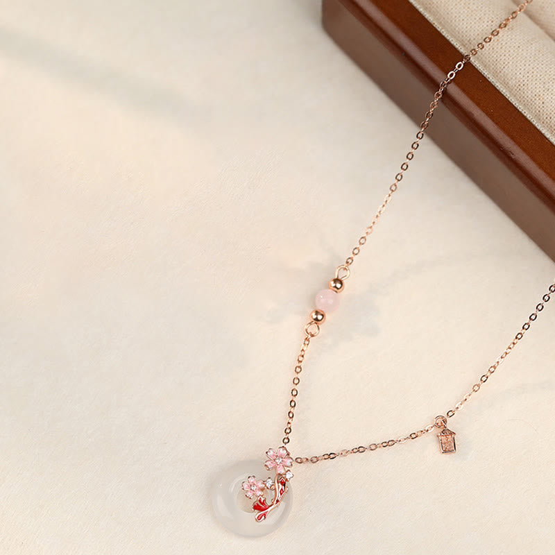 Collier avec pendentif en argent sterling 925, pierre de Bouddha, calcédoine, cristal rose, fleurs, poisson koï, boucle de paix, positif