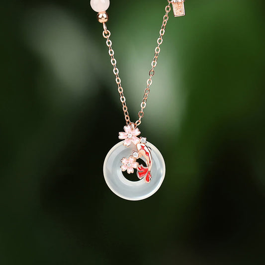 Collier avec pendentif en argent sterling 925, pierre de Bouddha, calcédoine, cristal rose, fleurs, poisson koï, boucle de paix, positif