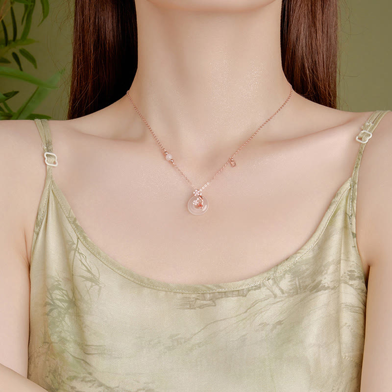Collier avec pendentif en argent sterling 925, pierre de Bouddha, calcédoine, cristal rose, fleurs, poisson koï, boucle de paix, positif