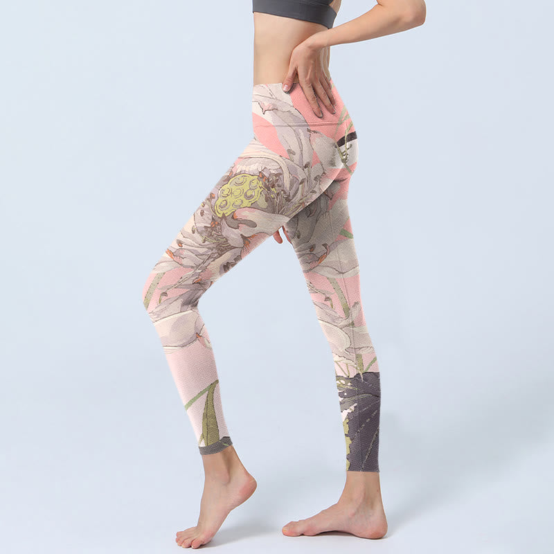 Buddha Stones Withered White Lotus Print Gym Leggings Women's Yoga Pants