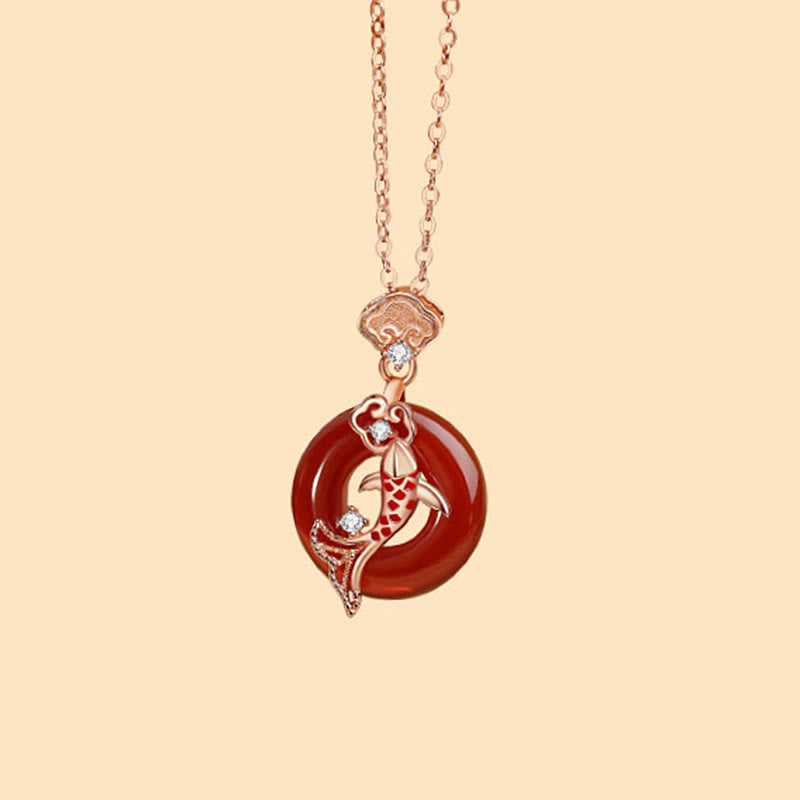 Collier pendentif en argent sterling 925 avec pierre de Bouddha, agate rouge, cadenas Ruyi, poisson koï, boucle de paix, calme