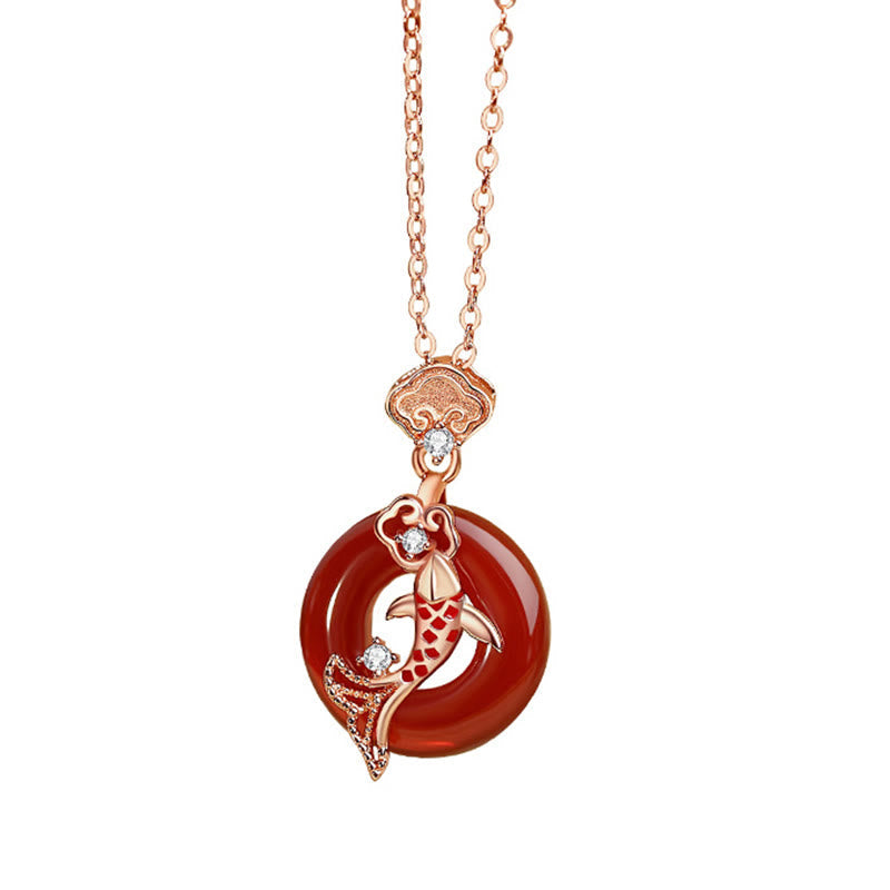 Collier pendentif en argent sterling 925 avec pierre de Bouddha, agate rouge, cadenas Ruyi, poisson koï, boucle de paix, calme