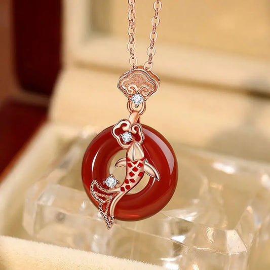 Buddha Stones Red Agate 925 Sterling Silver Ruyi Lock Koi Fish Peace Buckle Calm Necklace Pendant BS