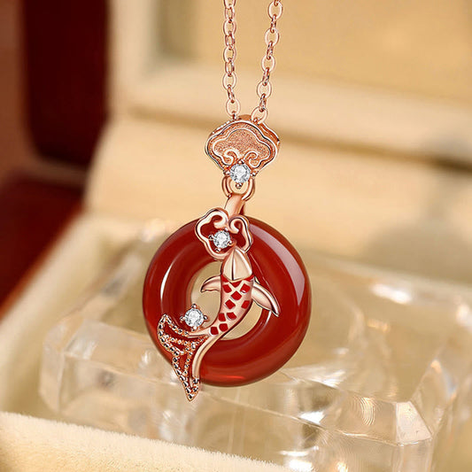 Collier pendentif en argent sterling 925 avec pierre de Bouddha, agate rouge, cadenas Ruyi, poisson koï, boucle de paix, calme