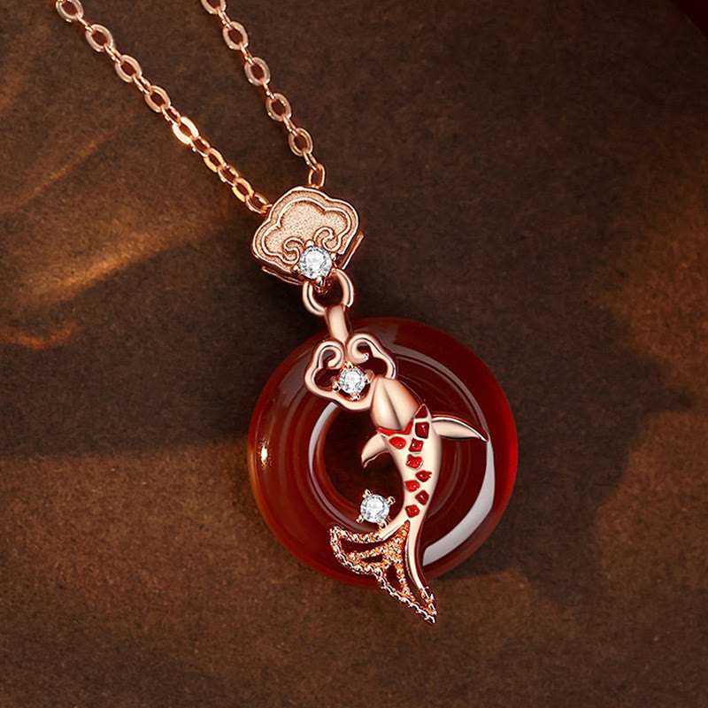 Collier pendentif en argent sterling 925 avec pierre de Bouddha, agate rouge, cadenas Ruyi, poisson koï, boucle de paix, calme