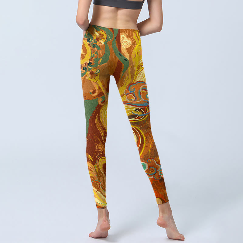 Buddha Stones Golden Auspicious Cloud Waves Print Gym Leggings Women's Yoga Pants