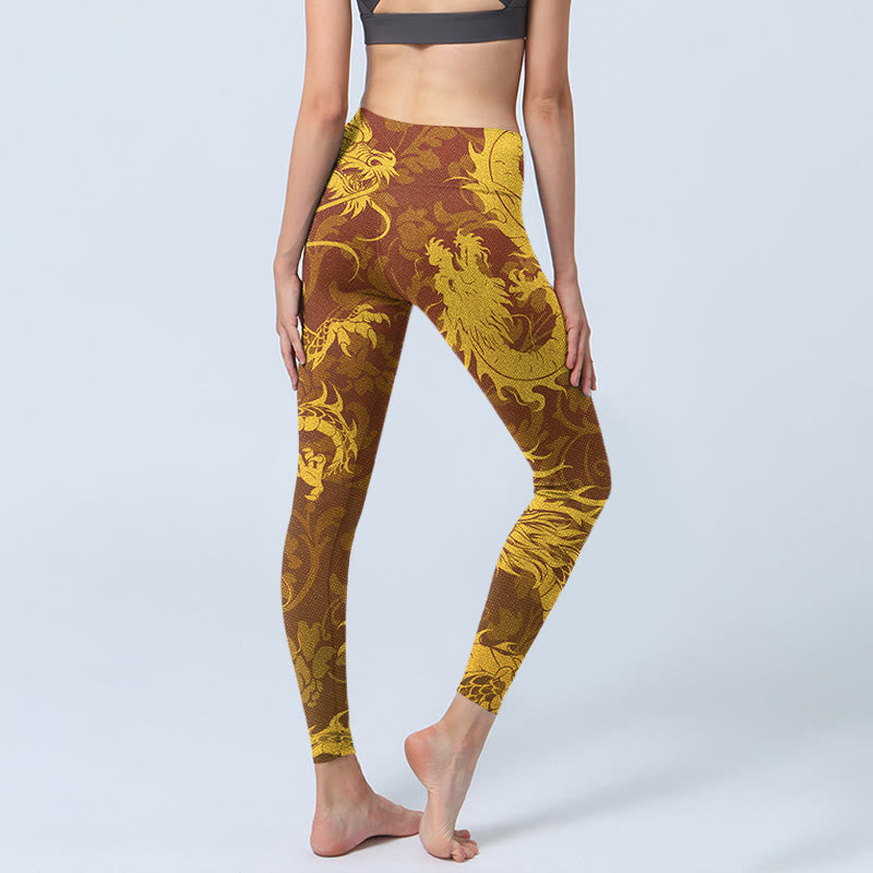 Buddha Stones Golden Dragon Embroidery Print Gym Leggings Women's Yoga Pants