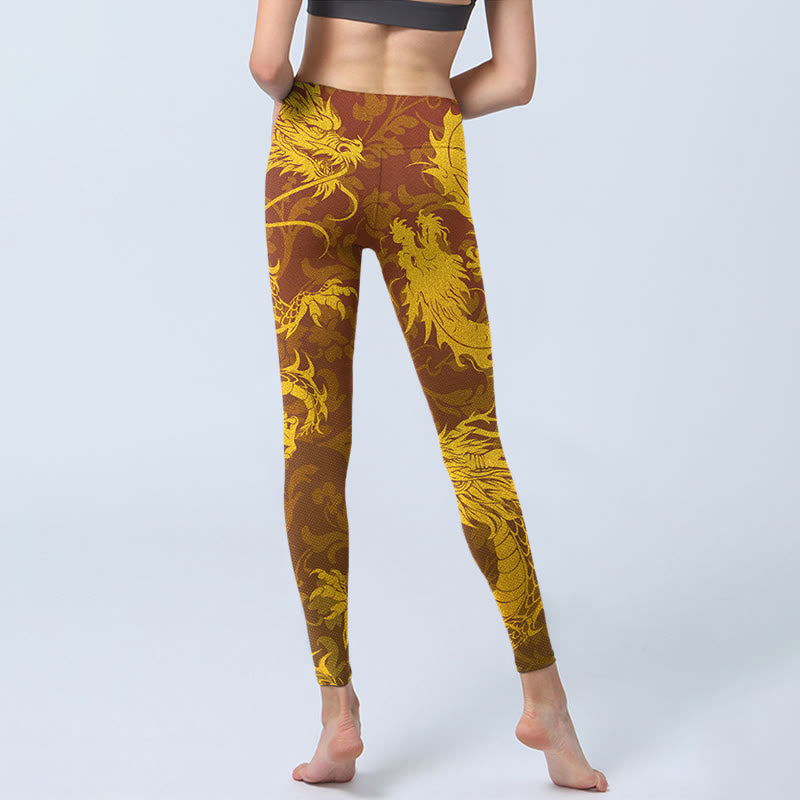 Buddha Stones Golden Dragon Embroidery Print Gym Leggings Women's Yoga Pants