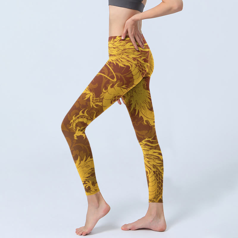 Buddha Stones Golden Dragon Embroidery Print Gym Leggings Women's Yoga Pants