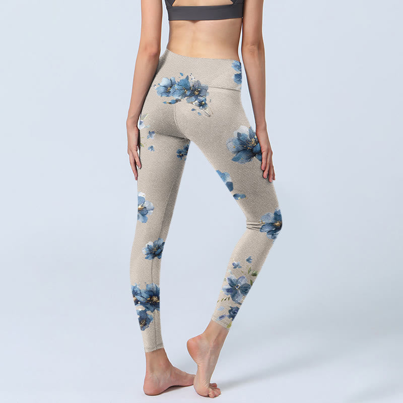 Buddha Stones Dark Blue Flower Gym Leggings Women's Yoga Pants