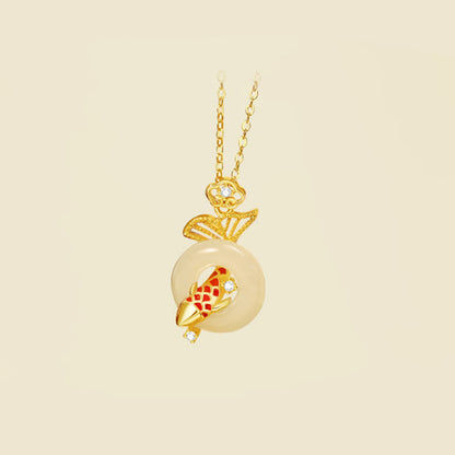 Collier avec pendentif porte-bonheur en jade Hetian naturel en argent sterling 925 plaqué or, motif poisson koï