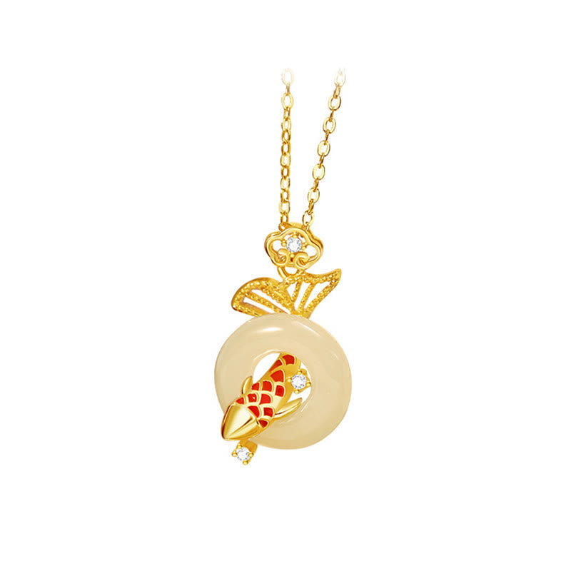 Collier avec pendentif porte-bonheur en jade Hetian naturel en argent sterling 925 plaqué or, motif poisson koï