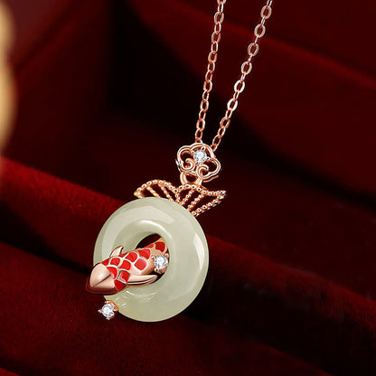 Collier avec pendentif porte-bonheur en jade Hetian naturel en argent sterling 925 plaqué or, motif poisson koï