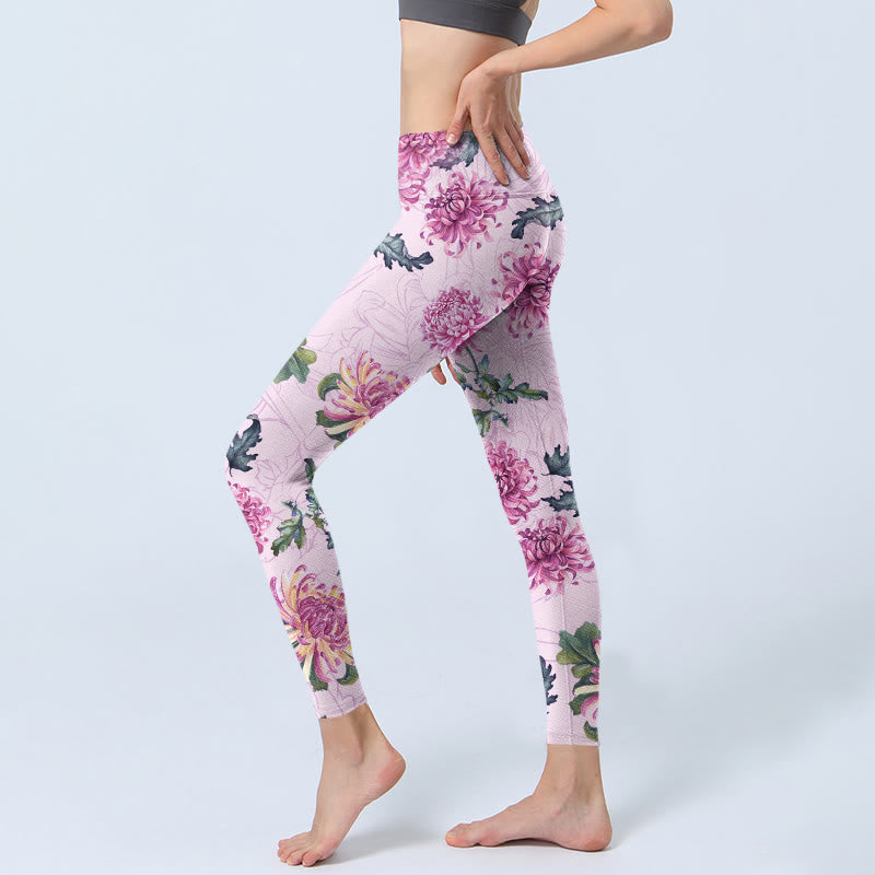 Buddha Stones Pink Chrysanthemum  Gym Leggings Women's Yoga Pants