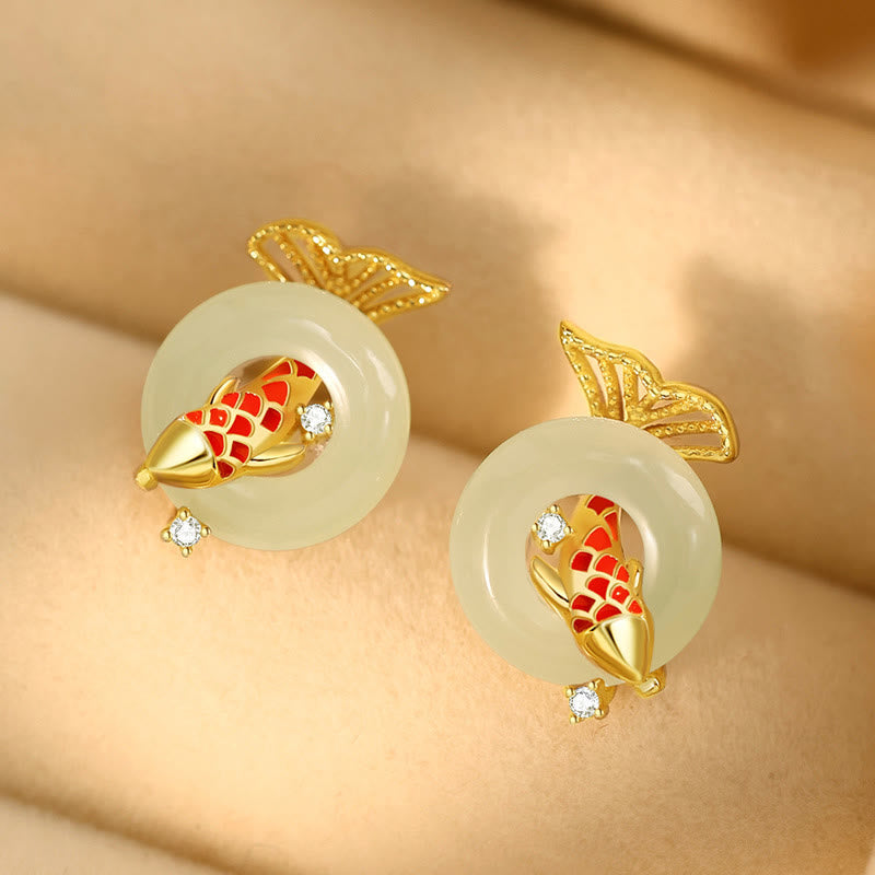 Boucles d'oreilles porte-bonheur en jade Hetian naturel et pierres de Bouddha, plaquées or, en argent sterling 925, motif poisson koï 
