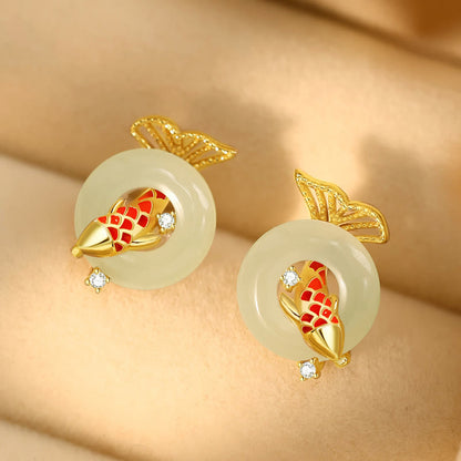 Boucles d'oreilles porte-bonheur en jade Hetian naturel et pierres de Bouddha, plaquées or, en argent sterling 925, motif poisson koï 