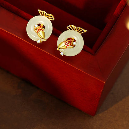 Boucles d'oreilles porte-bonheur en jade Hetian naturel et pierres de Bouddha, plaquées or, en argent sterling 925, motif poisson koï 