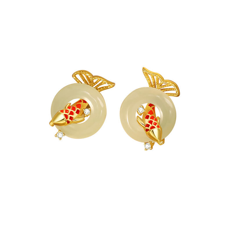 Boucles d'oreilles porte-bonheur en jade Hetian naturel et pierres de Bouddha, plaquées or, en argent sterling 925, motif poisson koï 