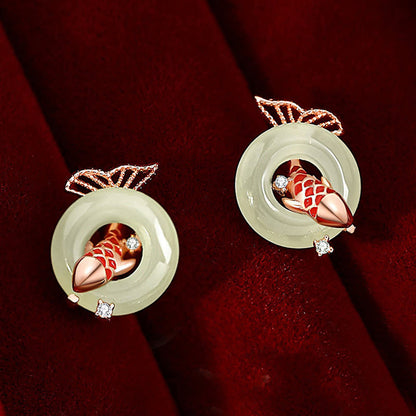 Boucles d'oreilles porte-bonheur en jade Hetian naturel et pierres de Bouddha, plaquées or, en argent sterling 925, motif poisson koï 