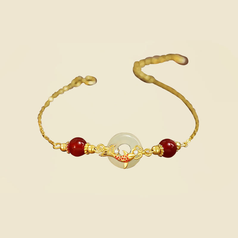 Bracelet porte-bonheur en jade Hetian naturel, pierres de Bouddha, argent sterling 925, plaqué or, perles d'agate rouge, poisson koï, boucle de paix 