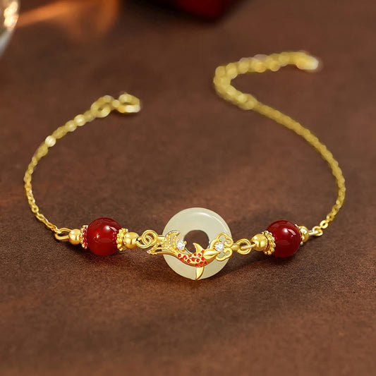 Bracelet porte-bonheur en jade Hetian naturel, pierres de Bouddha, argent sterling 925, plaqué or, perles d'agate rouge, poisson koï, boucle de paix 