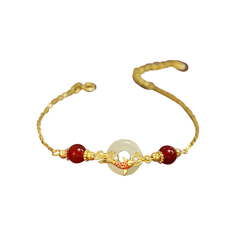 Bracelet porte-bonheur en jade Hetian naturel, pierres de Bouddha, argent sterling 925, plaqué or, perles d'agate rouge, poisson koï, boucle de paix 