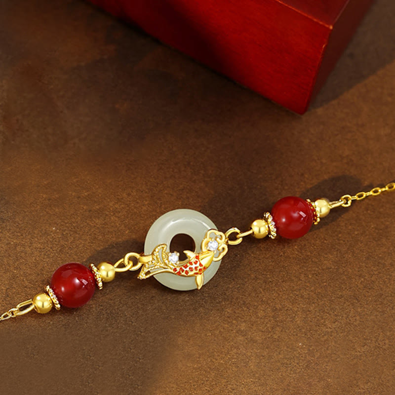 Bracelet porte-bonheur en jade Hetian naturel, pierres de Bouddha, argent sterling 925, plaqué or, perles d'agate rouge, poisson koï, boucle de paix 