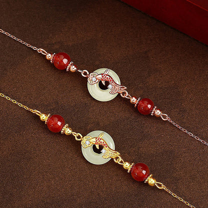 Bracelet porte-bonheur en jade Hetian naturel, pierres de Bouddha, argent sterling 925, plaqué or, perles d'agate rouge, poisson koï, boucle de paix 