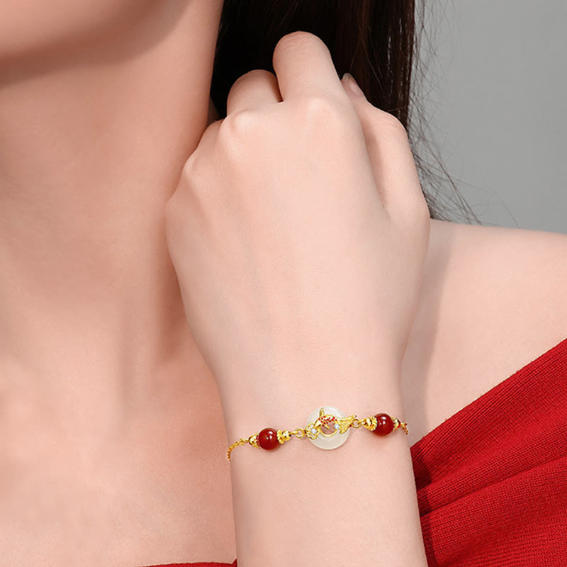 Bracelet porte-bonheur en jade Hetian naturel, pierres de Bouddha, argent sterling 925, plaqué or, perles d'agate rouge, poisson koï, boucle de paix 