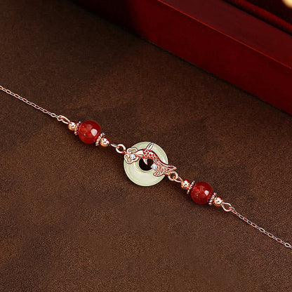 Bracelet porte-bonheur en jade Hetian naturel, pierres de Bouddha, argent sterling 925, plaqué or, perles d'agate rouge, poisson koï, boucle de paix 