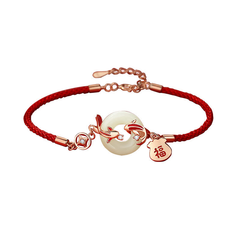 Buddha Stones Natural Hetian Jade Red String 925 Sterling Silver Plated Gold Koi Fish Lucky Bag Fu Character Peace Buckle Luck Bracelet