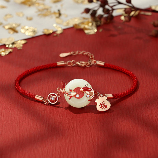 Bracelet porte-bonheur en jade naturel Hetian, cordon rouge, argent sterling 925 plaqué or, poisson koï, sac porte-bonheur, caractère Fu, boucle de paix 