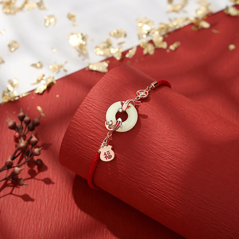 Bracelet porte-bonheur en jade naturel Hetian, cordon rouge, argent sterling 925 plaqué or, poisson koï, sac porte-bonheur, caractère Fu, boucle de paix 