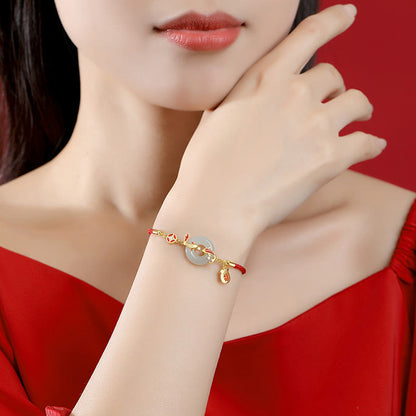 Bracelet porte-bonheur en jade naturel Hetian, cordon rouge, argent sterling 925 plaqué or, poisson koï, sac porte-bonheur, caractère Fu, boucle de paix 