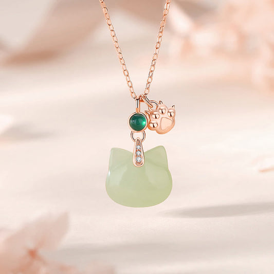 Collier avec pendentif en jade Hetian en argent sterling 925 plaqué or, tête de chat et patte de chat