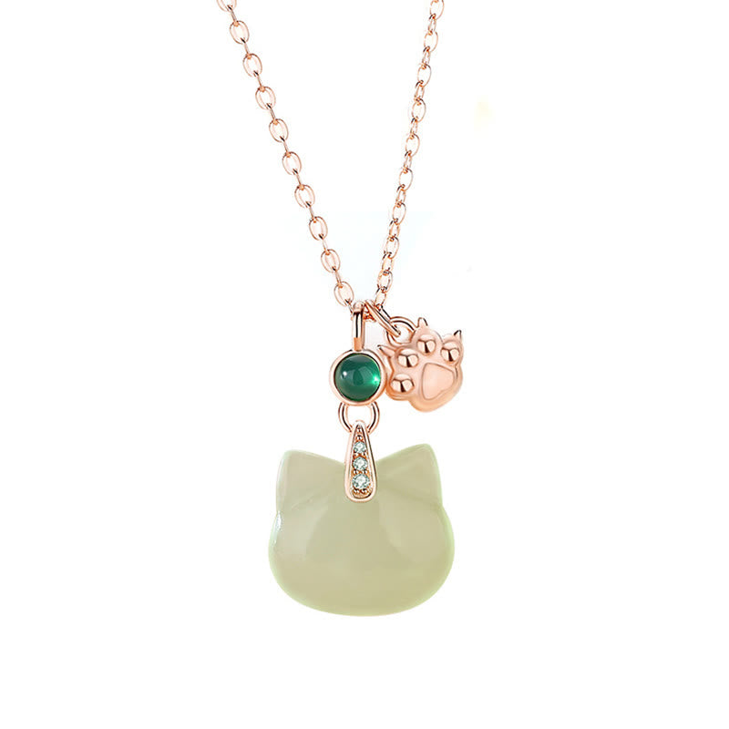 Collier avec pendentif en jade Hetian en argent sterling 925 plaqué or, tête de chat et patte de chat